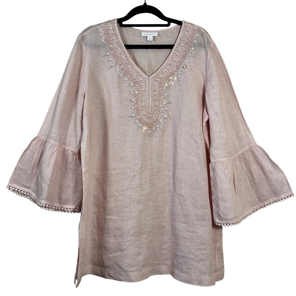 Charter Club 100% Linen Beaded Tunic Top Pink Vneck Flare Sleeve Bohemian